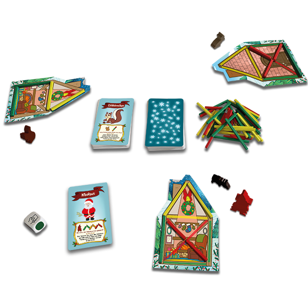 Spielaufbau mit Spielplänen, Karten, bunten Holzstäbchen, Holztieren und Würfel.
