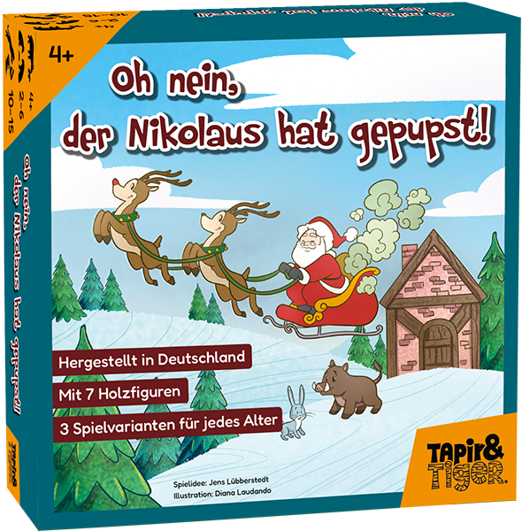 Die Spielschachtel „Oh nein, der Nikolaus hat gepupst!“ von Tapir & Tiger.